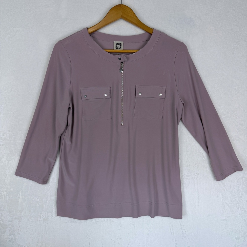 Anne Klein Gainsborough Purple Quarter Zip 3/4 Sleeve‎ Blouse Top Mens M NWT